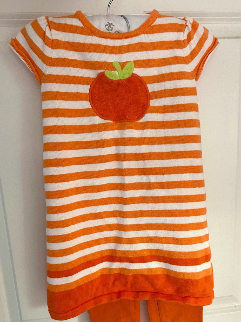 Gymboree Girls 3T Halloween Pumpkin Orange White Striped Sweater Dress Leggings